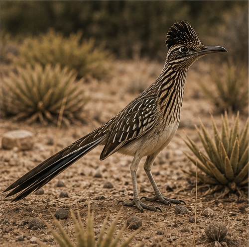 Roadrunner standing in desert brush