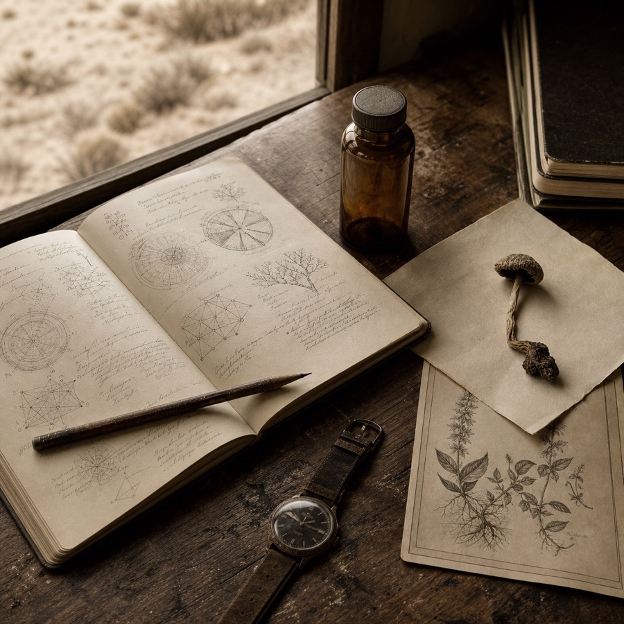 Field journal, medicinal mushrooms, herbs, and training objects