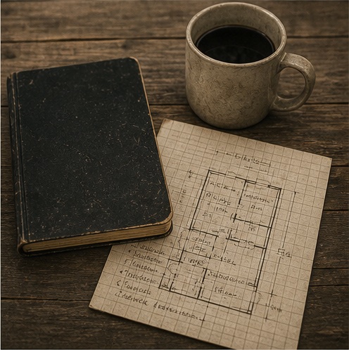 Notebook, hand-drawn plan, and coffee