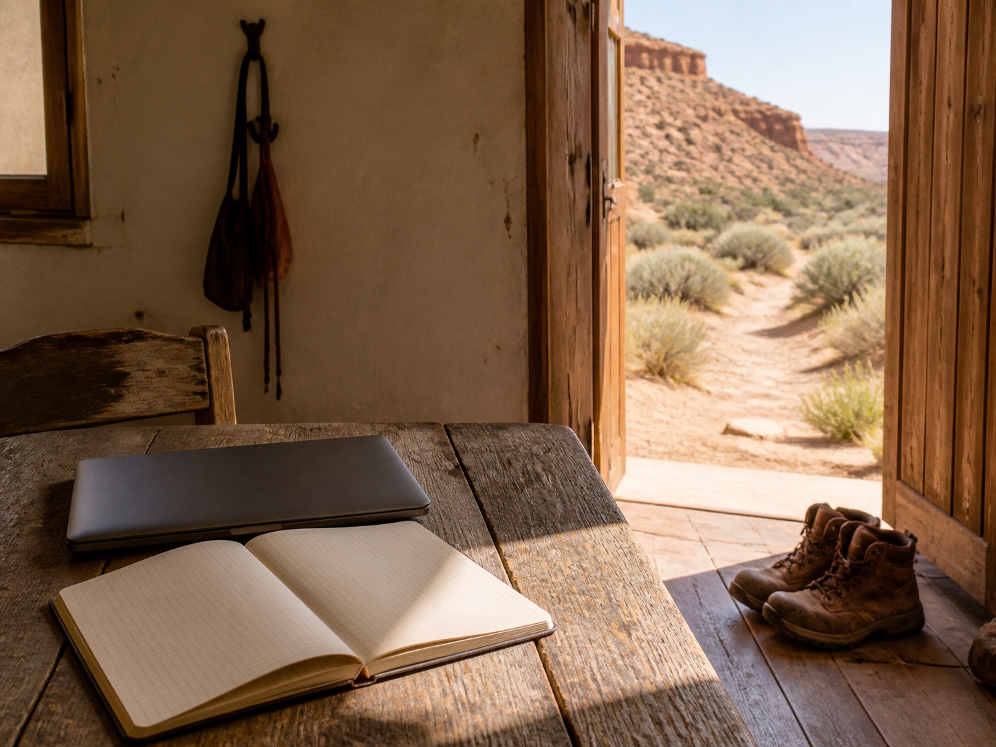 A closed laptop and field notebook beside an open door leading to a desert trail